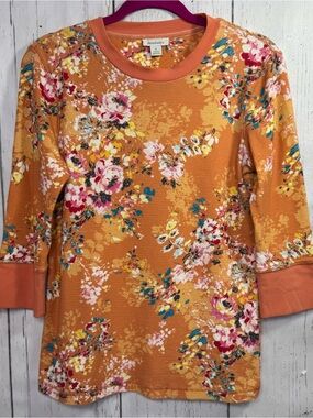 Sundance Orange Floral Waffle Knit Top M Boho Cottagecore Fall Thermal Layering